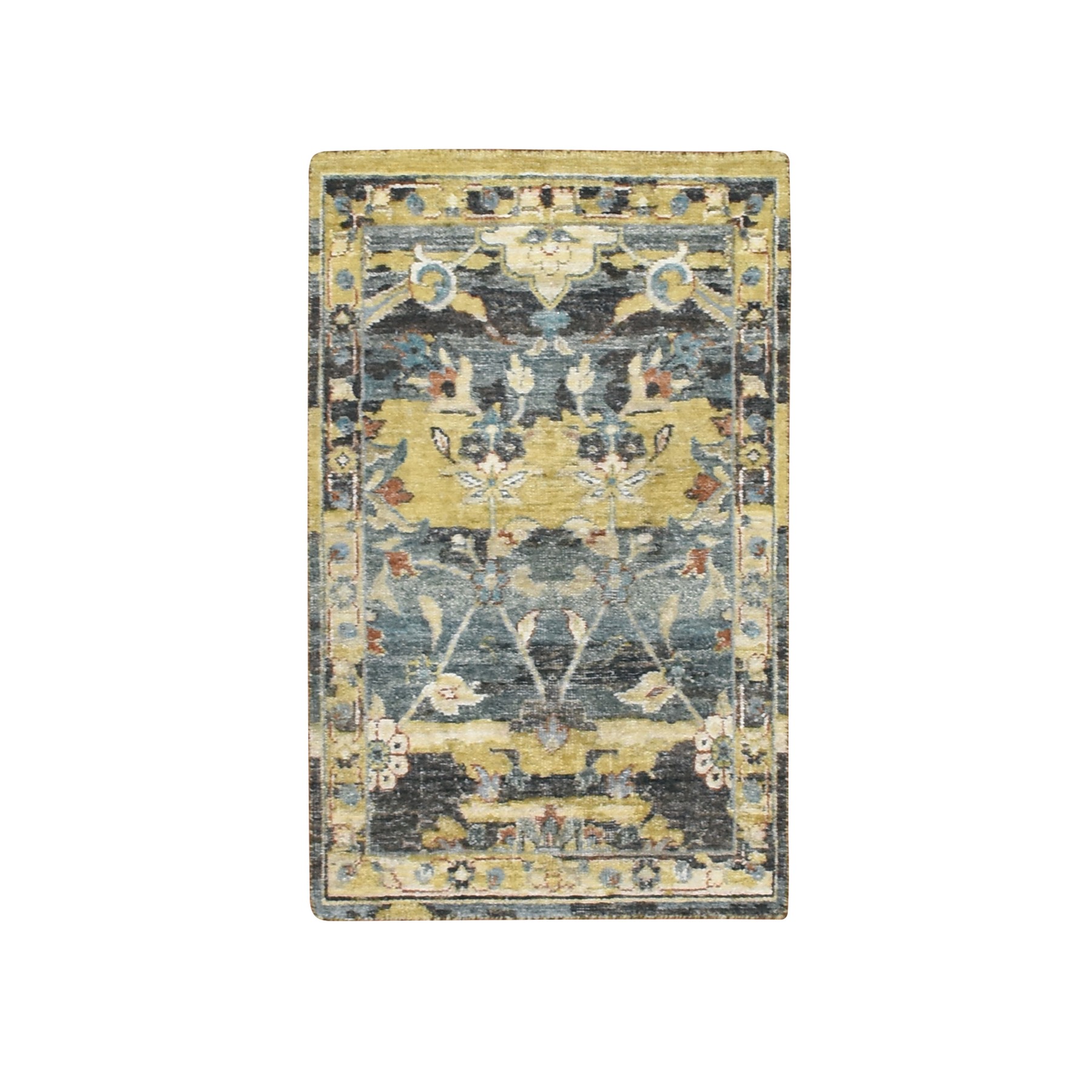 2'x3'3" Stone Blue with Yellow, Abrash Persian Design, 100% Wool, Shaved Low, Zero Pile, Hand Knotted, Mat, Sample, Oriental Rug 